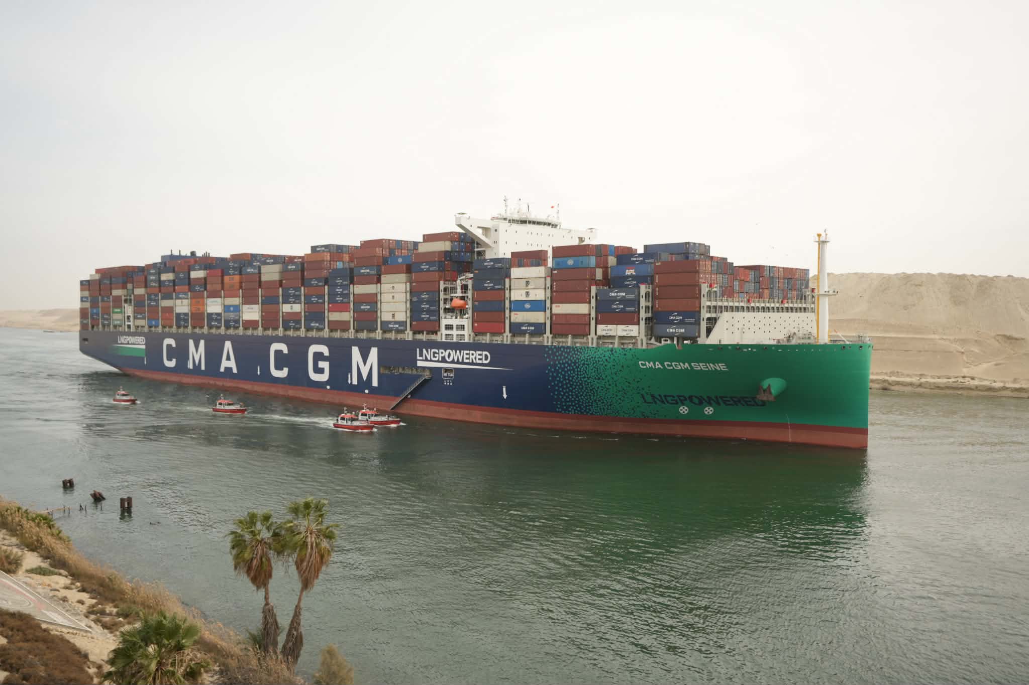 Suez Canal :Transit the mega container ship CMA CGM  on its maiden voyage as part of the northbound convoy ( Photos + Video )
